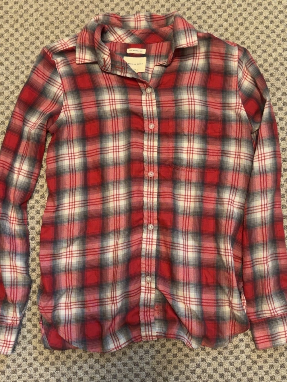 American Eagle Red and Gray Plaid Flannel Shirt